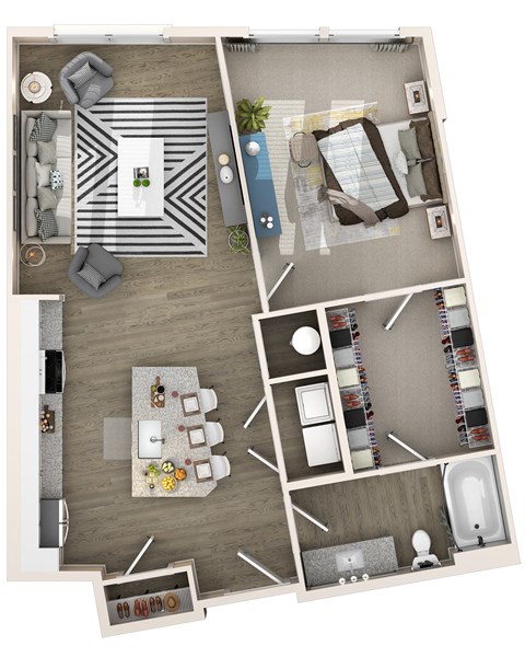 Floor plan for 1 bed, 1 bath, 843 sqft